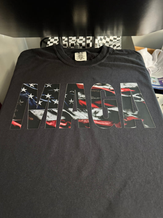 Dark MAGA on black t-shirt